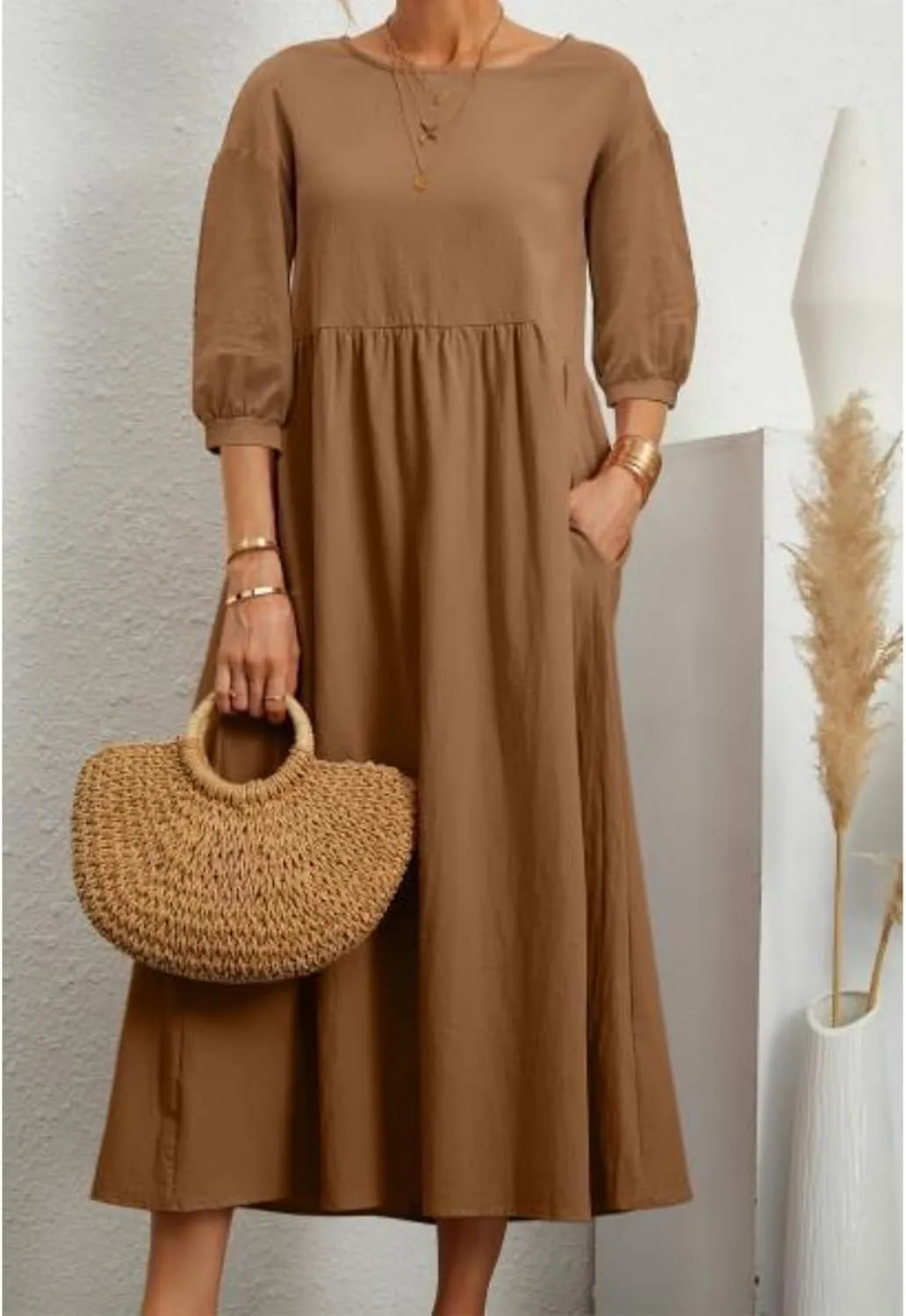 Women Summer Maxi Dress Cotton Linen Casual Comfy Crew Neck Half Sleeve Sundress Loose Solid Beach Dress with Pockets