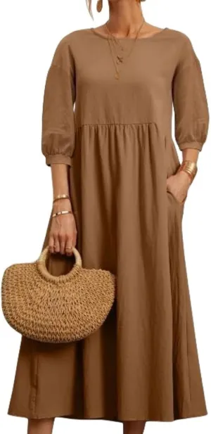 Women Summer Maxi Dress Cotton Linen Casual Comfy Crew Neck Half Sleeve Sundress Loose Solid Beach Dress with Pockets