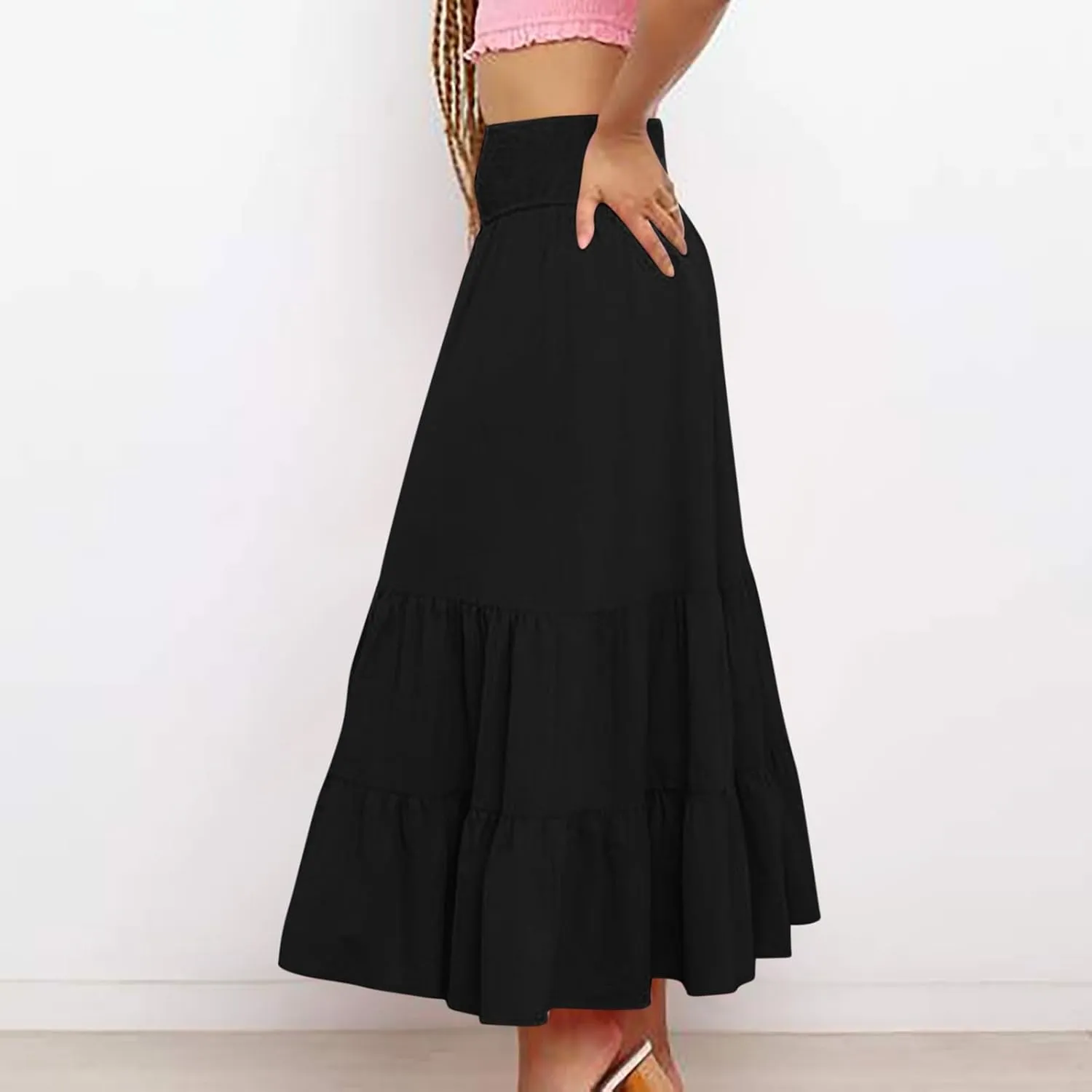 Women Summer Maxi Skirt Elastic High Waist Pleated Boho Ruffle Tiered Skirts 2025 Trendy Casual Flowy A-Line Skirt