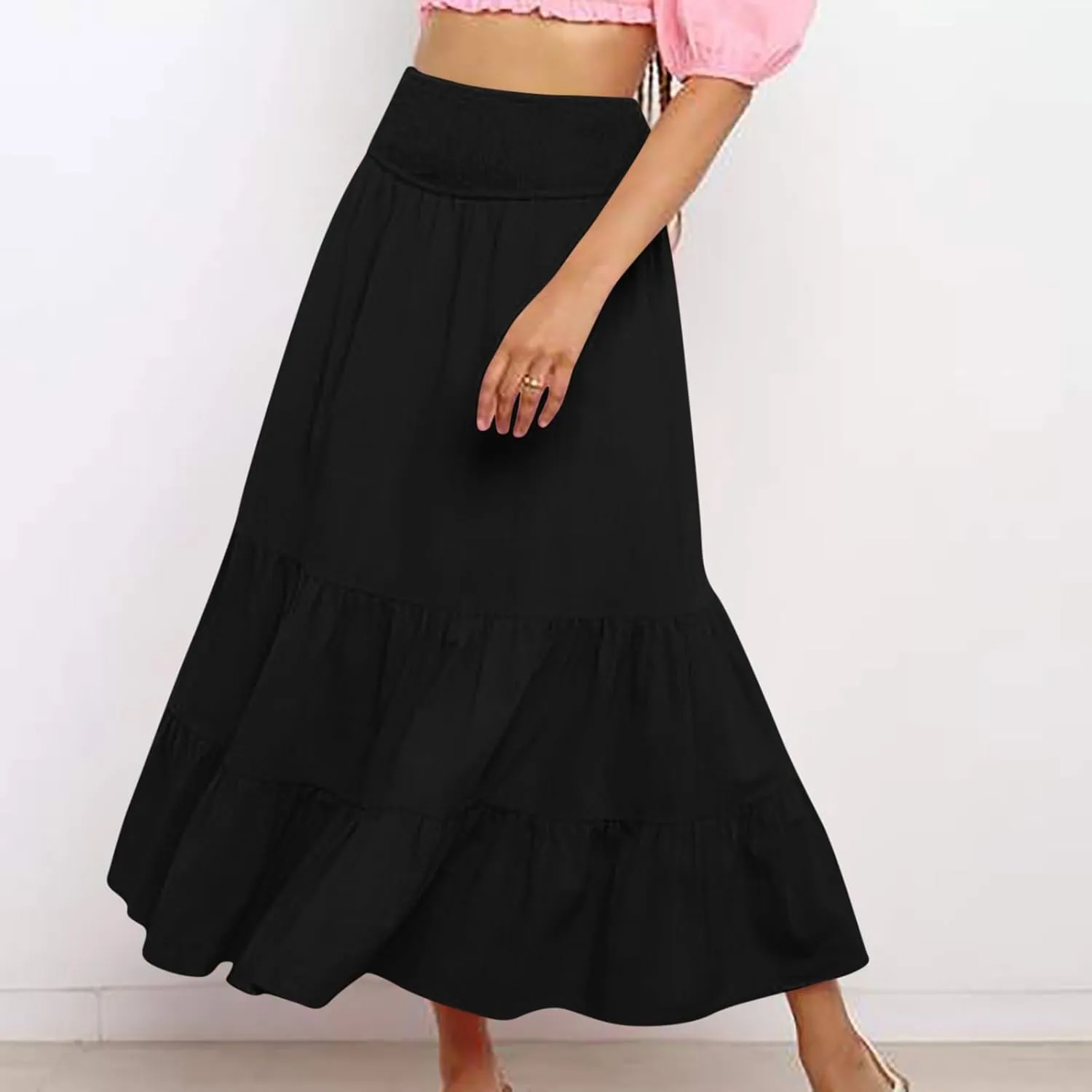 Women Summer Maxi Skirt Elastic High Waist Pleated Boho Ruffle Tiered Skirts 2025 Trendy Casual Flowy A-Line Skirt