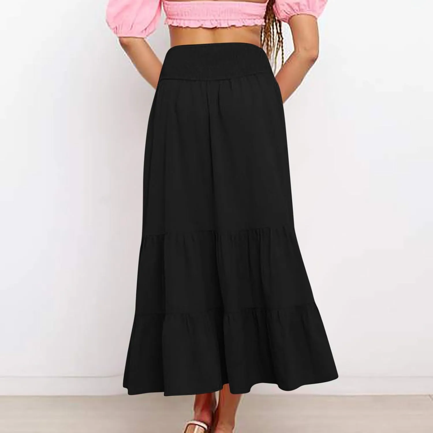 Women Summer Maxi Skirt Elastic High Waist Pleated Boho Ruffle Tiered Skirts 2025 Trendy Casual Flowy A-Line Skirt