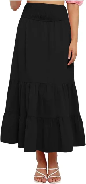 Women Summer Maxi Skirt Elastic High Waist Pleated Boho Ruffle Tiered Skirts 2025 Trendy Casual Flowy A-Line Skirt