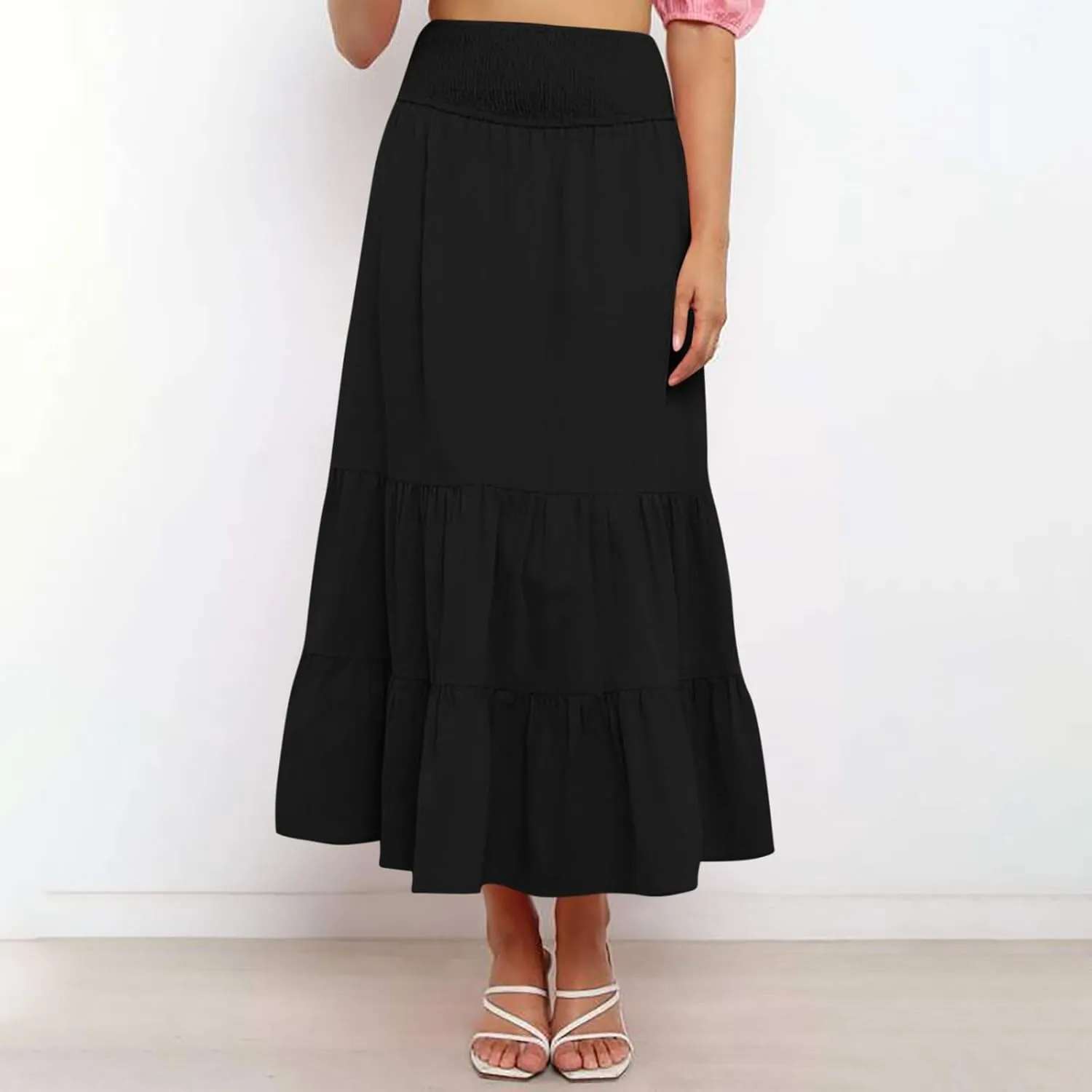 Women Summer Maxi Skirt Elastic High Waist Pleated Boho Ruffle Tiered Skirts 2025 Trendy Casual Flowy A-Line Skirt
