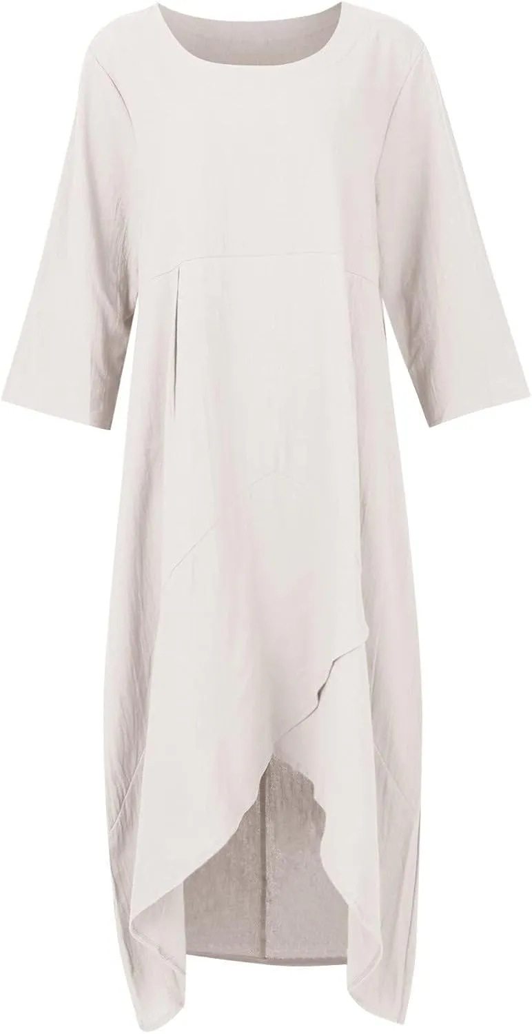 Women Summer Short Sleeve Cotton Linen Casual Loose Dress Oversized Crewneck Long Dress Solid Beach Flowy Dresses