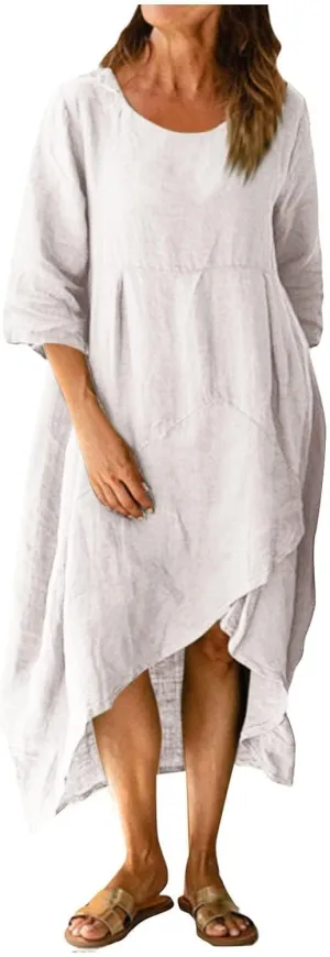 Women Summer Short Sleeve Cotton Linen Casual Loose Dress Oversized Crewneck Long Dress Solid Beach Flowy Dresses