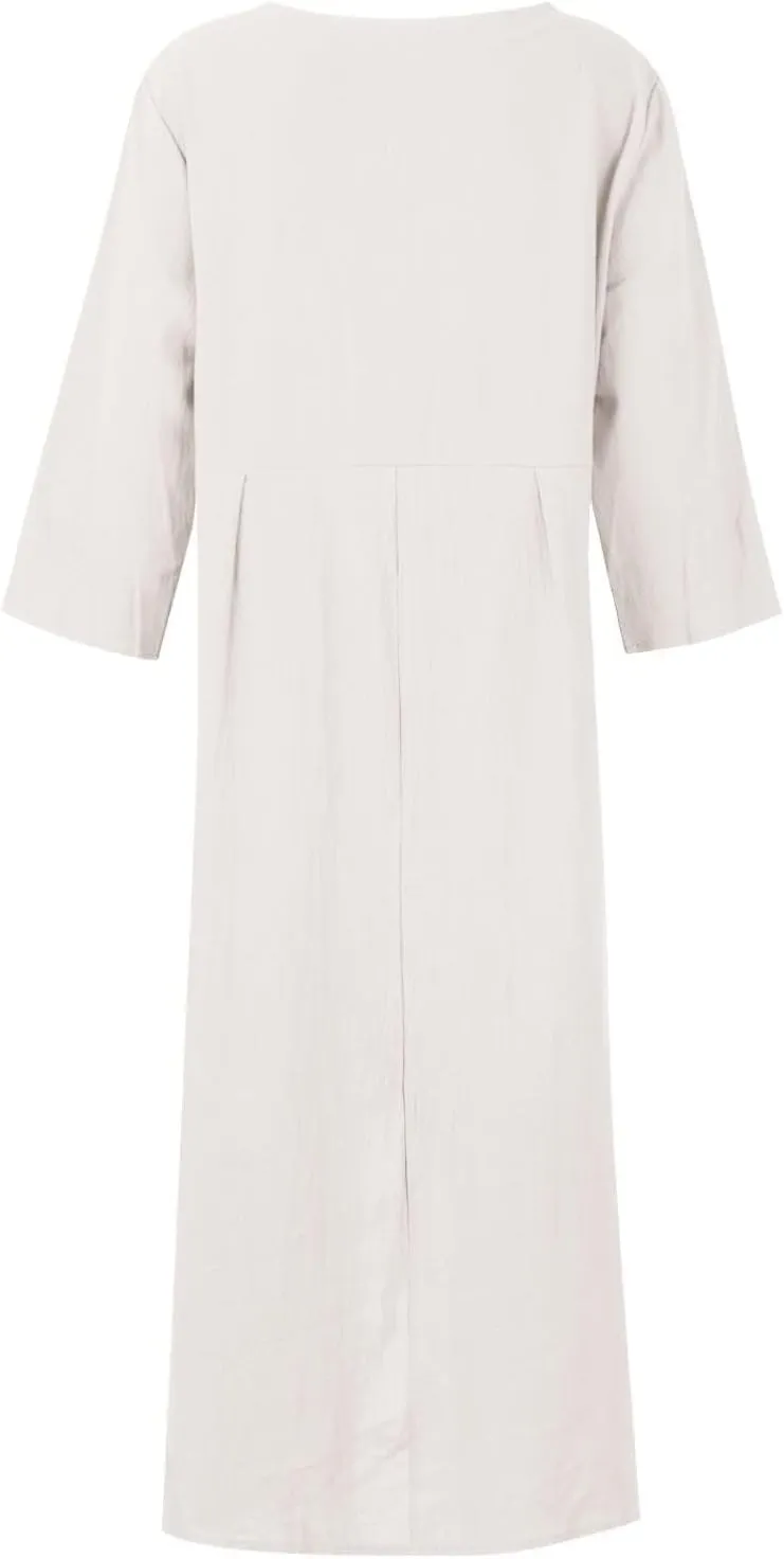 Women Summer Short Sleeve Cotton Linen Casual Loose Dress Oversized Crewneck Long Dress Solid Beach Flowy Dresses