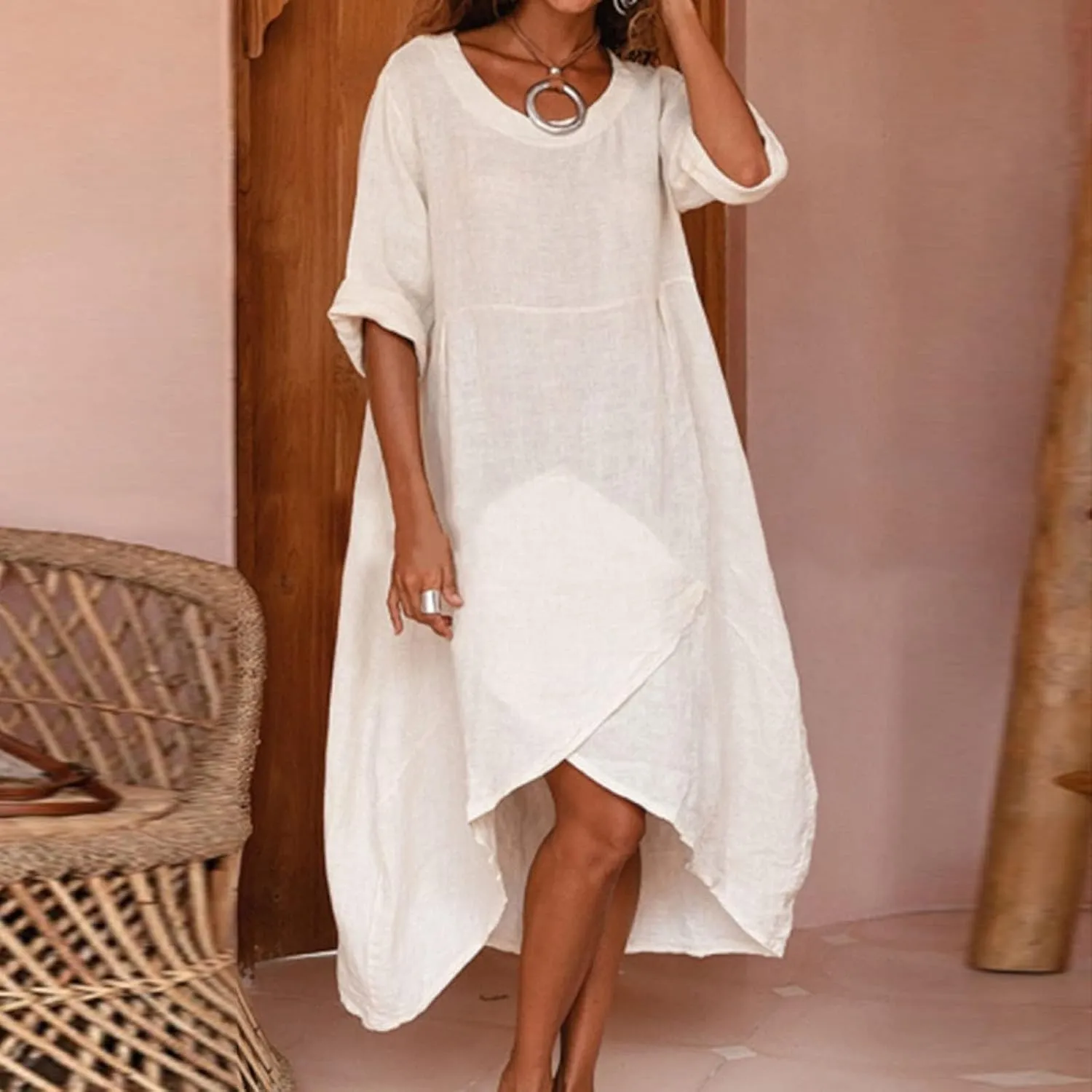 Women Summer Short Sleeve Cotton Linen Casual Loose Dress Oversized Crewneck Long Dress Solid Beach Flowy Dresses