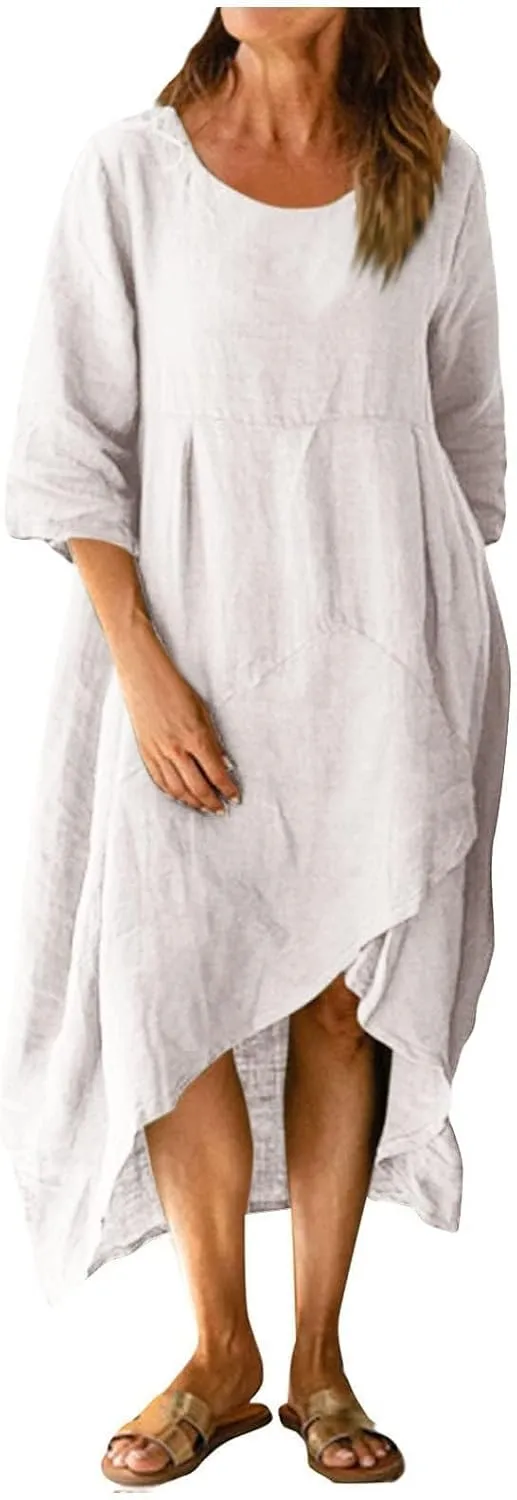 Women Summer Short Sleeve Cotton Linen Casual Loose Dress Oversized Crewneck Long Dress Solid Beach Flowy Dresses