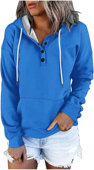 Womens 2024 Button Collar Hoodies Drawstring Hooded Pullover Sweatshirts Casual Long Sleeve Tops Shirts