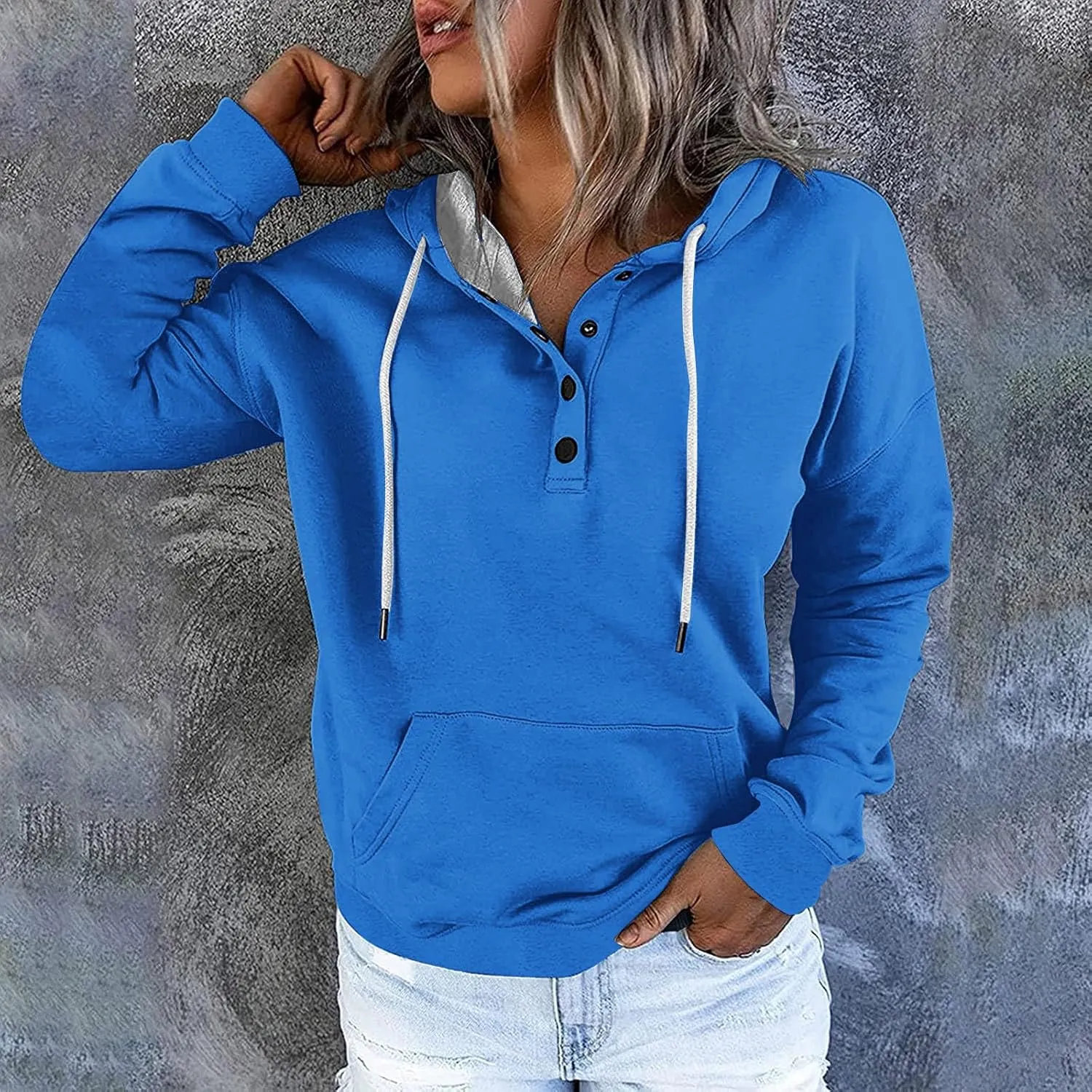 Womens 2024 Button Collar Hoodies Drawstring Hooded Pullover Sweatshirts Casual Long Sleeve Tops Shirts