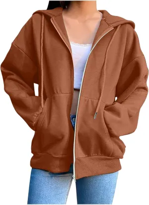 Women's 2024 Fall Zip Up Hoodies Sweatshirt Solid Color Long Sleeve Oversized Coat Casual Cozy Fall Winter Outfits