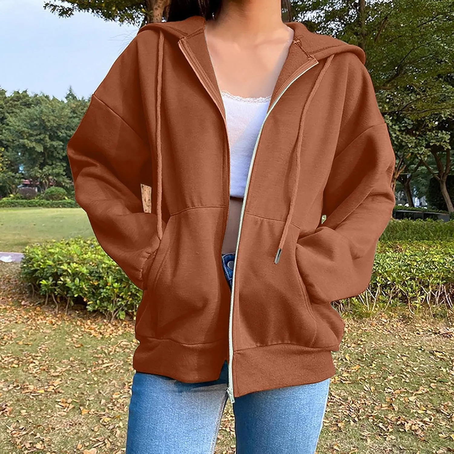 Women's 2024 Fall Zip Up Hoodies Sweatshirt Solid Color Long Sleeve Oversized Coat Casual Cozy Fall Winter Outfits