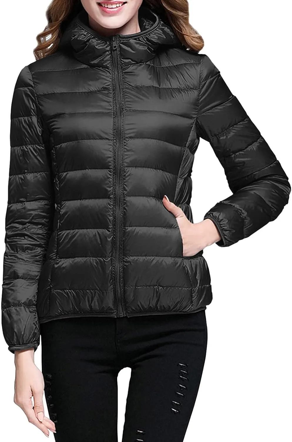 Womens 2024 Warm Lightweight Hooded Windproof Winter Coat Long Sleeve Casual Down Coat Home Outdoor Quilted Puffer Coat
