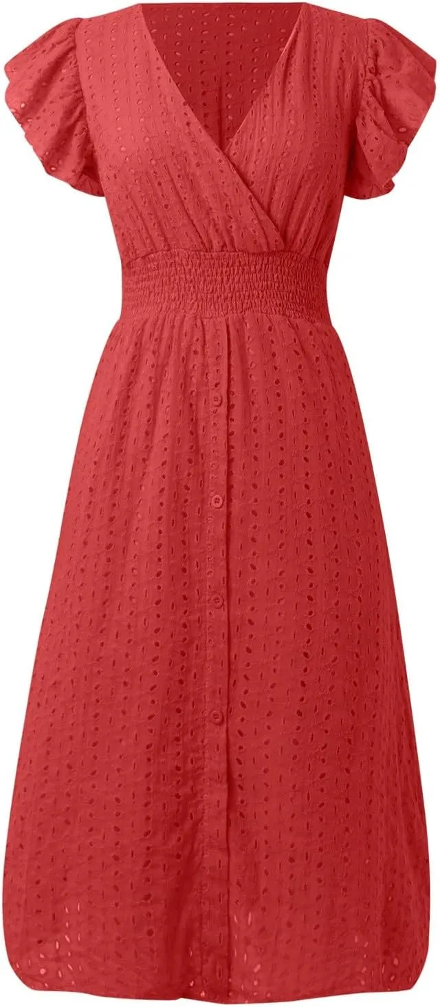 Women's 2025 Eyelet Lace Embroidery Smocked Waist Party Dress Flutter Sleeve V Neck A Line Midi Summer Dresses