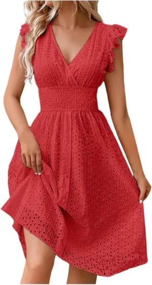 Women's 2025 Eyelet Lace Embroidery Smocked Waist Party Dress Flutter Sleeve V Neck A Line Midi Summer Dresses