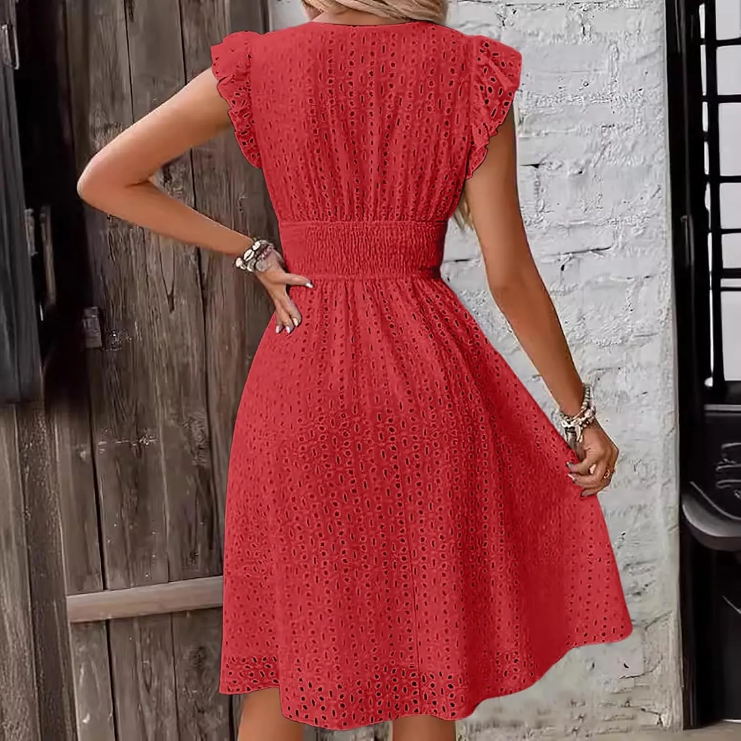 Women's 2025 Eyelet Lace Embroidery Smocked Waist Party Dress Flutter Sleeve V Neck A Line Midi Summer Dresses