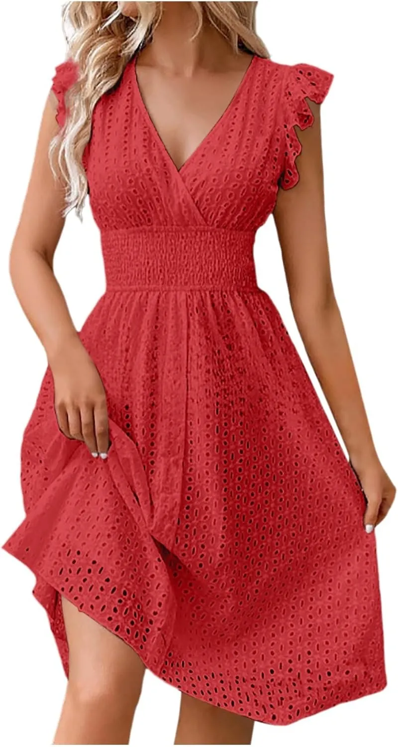 Women's 2025 Eyelet Lace Embroidery Smocked Waist Party Dress Flutter Sleeve V Neck A Line Midi Summer Dresses