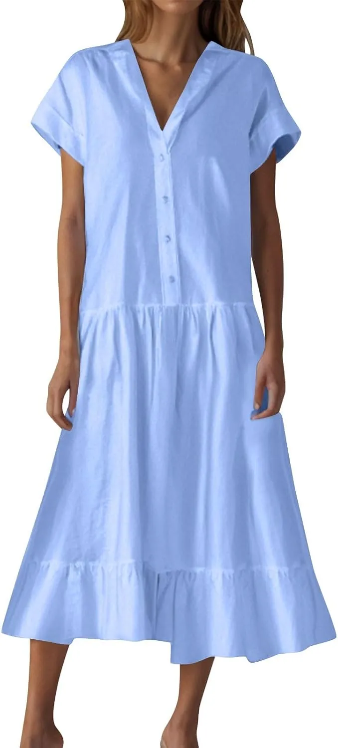 Womens 2025 Short Sleeve Crewneck Maxi Dresses Plus Size Loose Midi Dress Summer Beach Long Dress
