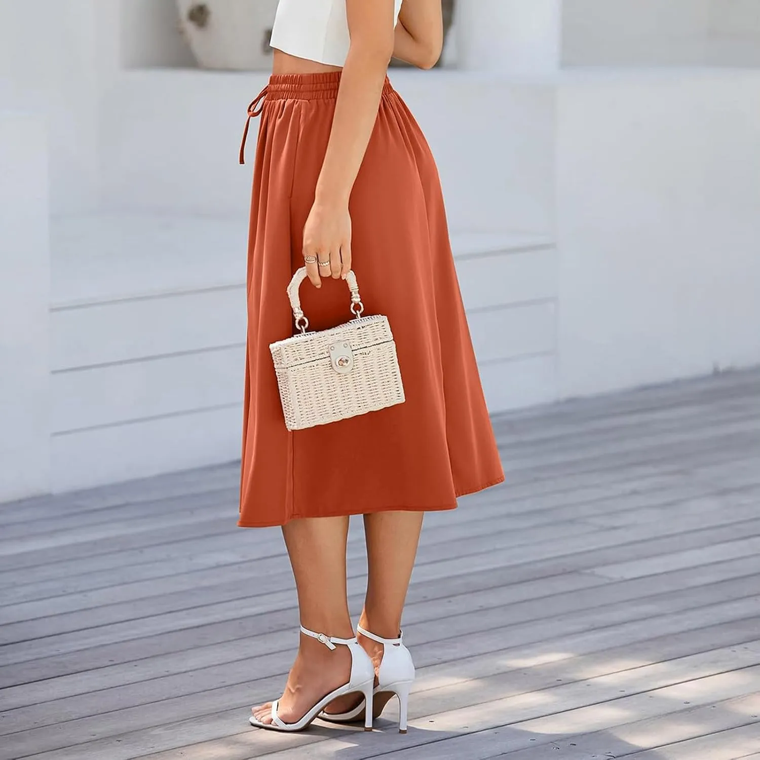 Women's 2025 Stretch Elastic Printed Pleated Plain Loose Boho A-Line Flared Midi Skirts, S-2XL