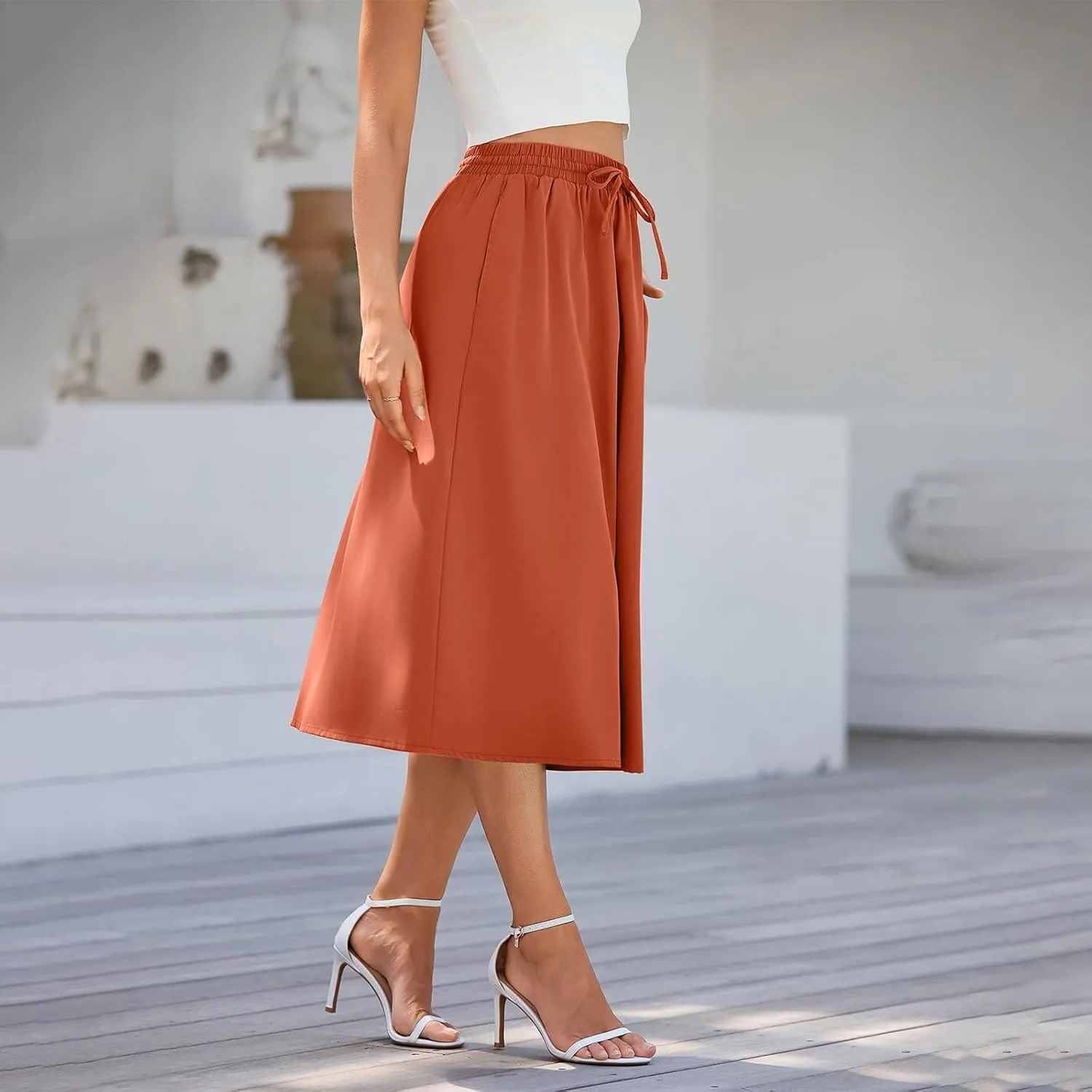 Women's 2025 Stretch Elastic Printed Pleated Plain Loose Boho A-Line Flared Midi Skirts, S-2XL