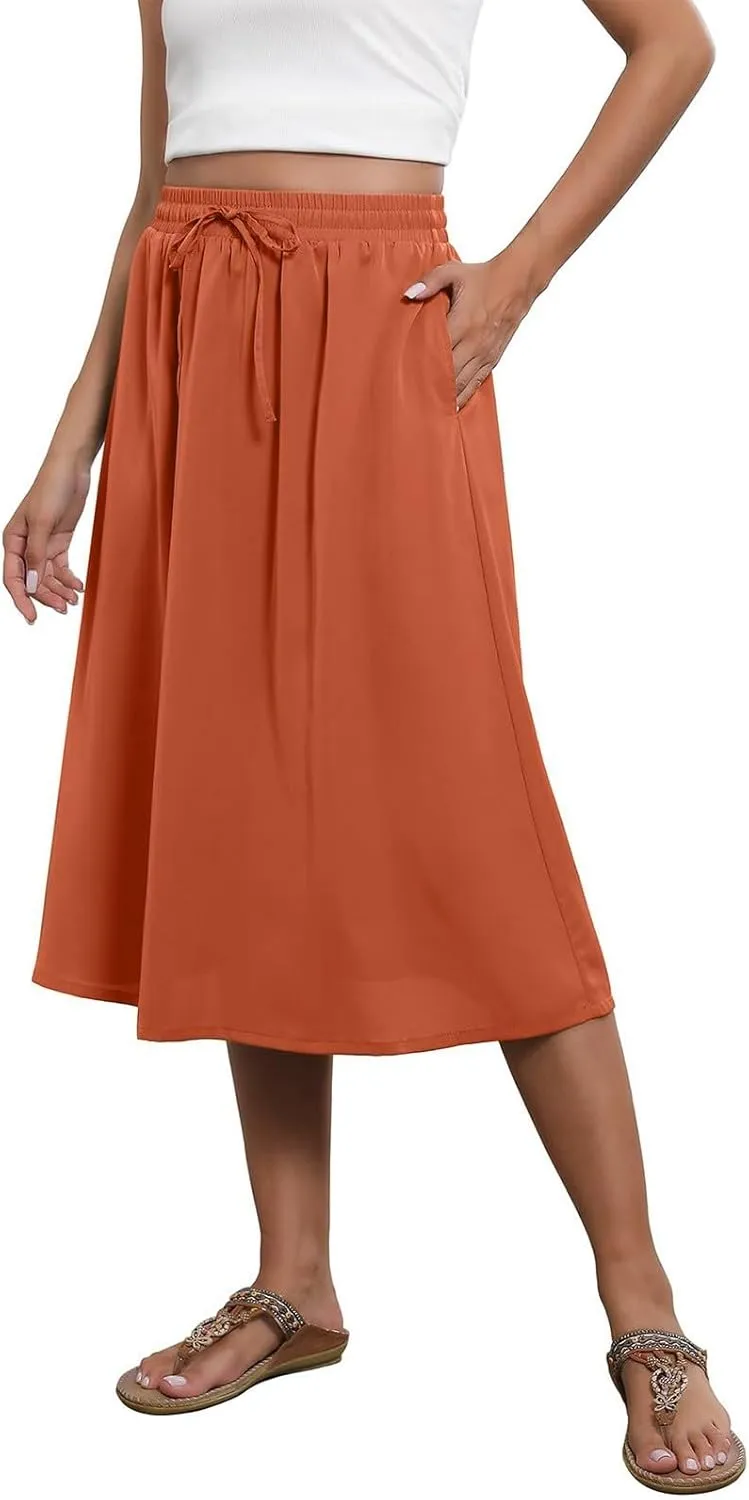 Women's 2025 Stretch Elastic Printed Pleated Plain Loose Boho A-Line Flared Midi Skirts, S-2XL