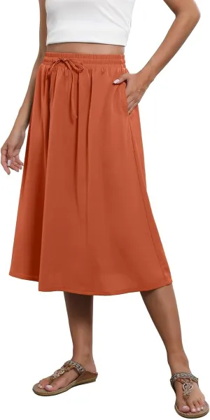Women's 2025 Stretch Elastic Printed Pleated Plain Loose Boho A-Line Flared Midi Skirts, S-2XL