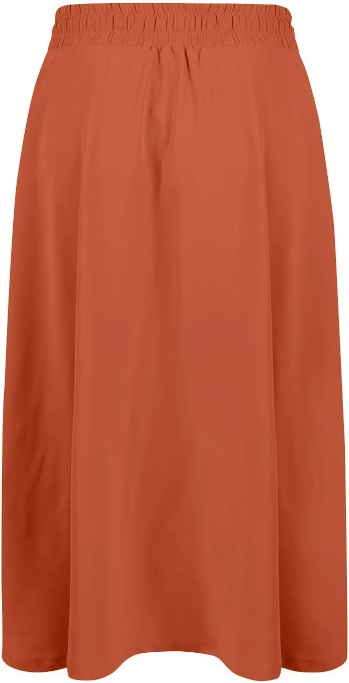Women's 2025 Stretch Elastic Printed Pleated Plain Loose Boho A-Line Flared Midi Skirts, S-2XL