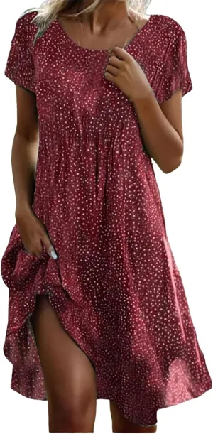 Women's 2025 Summer Dresses Short Sleeve Casual V Neck Flowy Swing Midi Dress A Line Beach Vacation Boho Sundress