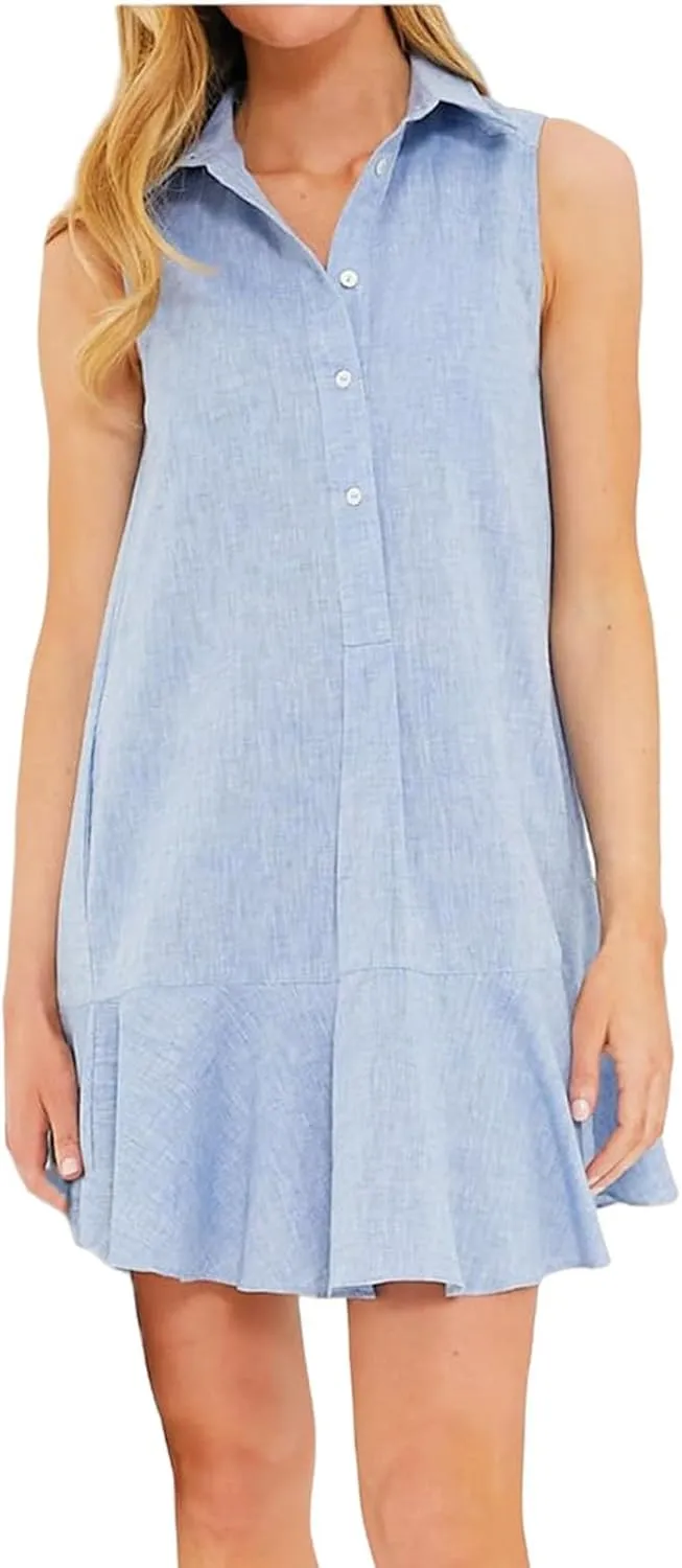 Womens 2025 Summer Sleeveless Shirt Dress Cotton Linen Button Down Ruffle Hem Mini Dresses Loose Flowy Swing Dresses