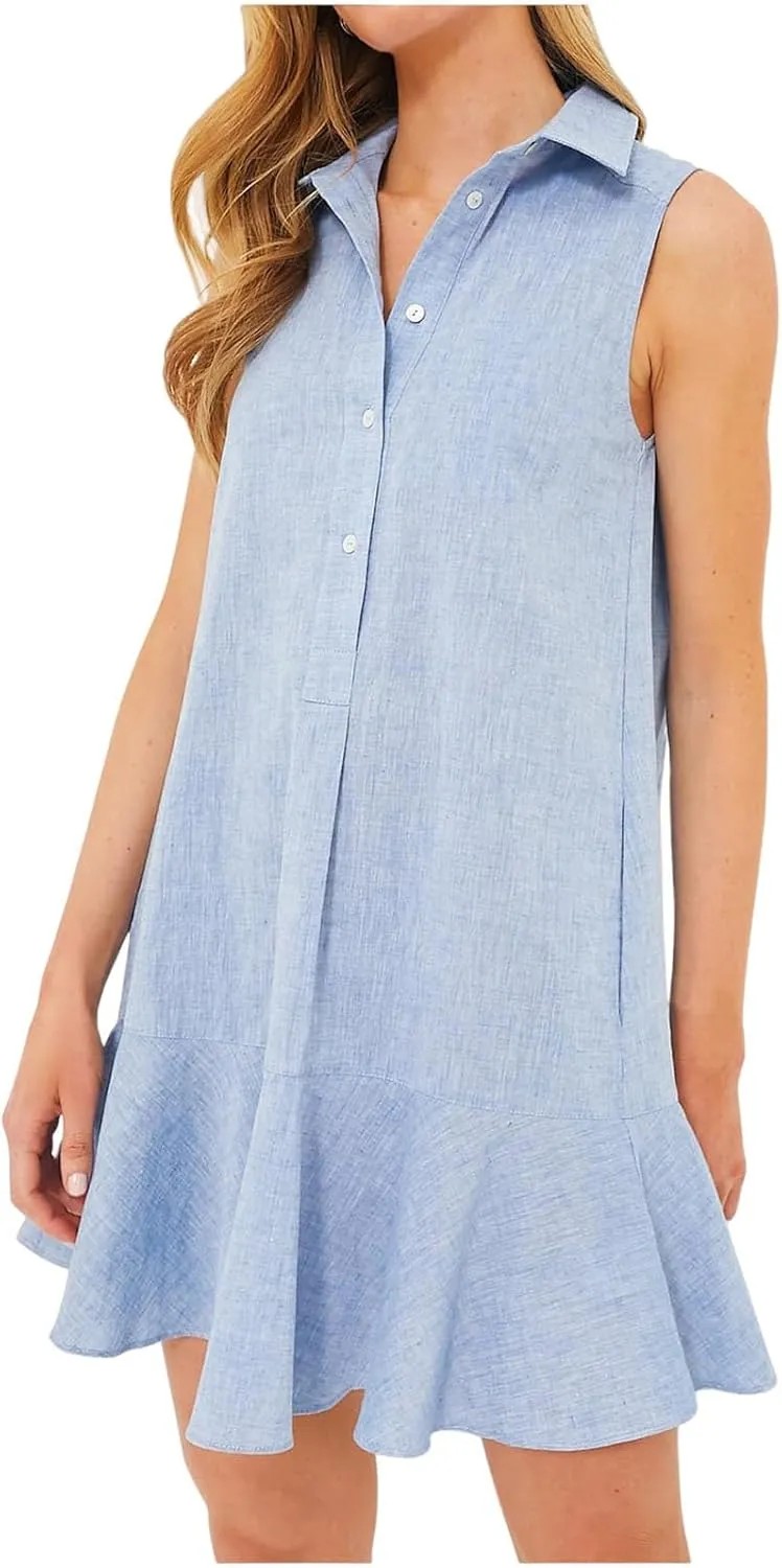 Womens 2025 Summer Sleeveless Shirt Dress Cotton Linen Button Down Ruffle Hem Mini Dresses Loose Flowy Swing Dresses