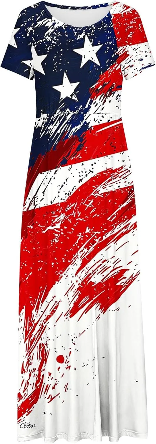 Womens American Flag Summer Maxi Dresses Short Sleeve Crewneck Dress Vacation Resort Outfits 2025