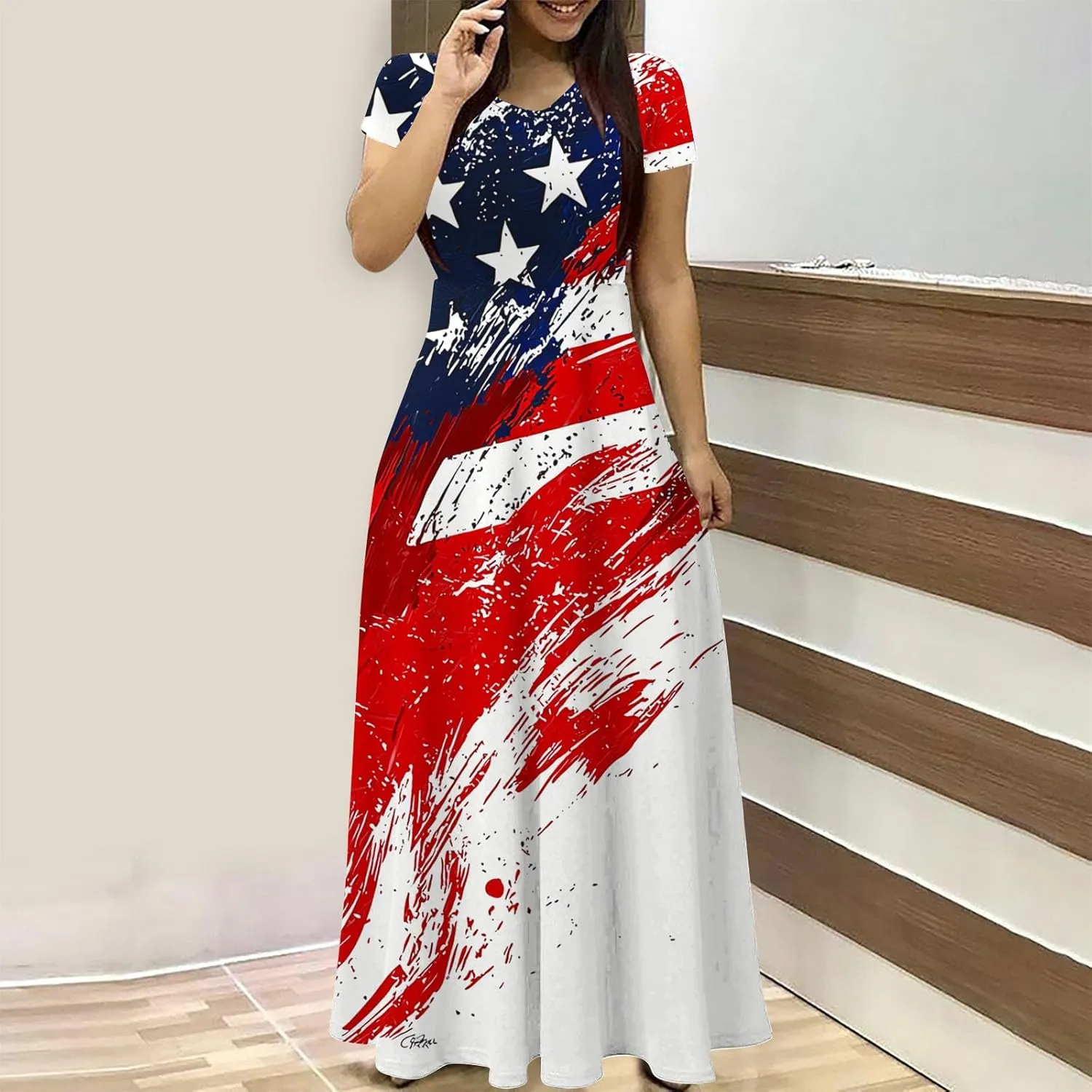 Womens American Flag Summer Maxi Dresses Short Sleeve Crewneck Dress Vacation Resort Outfits 2025