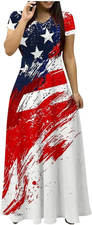 Womens American Flag Summer Maxi Dresses Short Sleeve Crewneck Dress Vacation Resort Outfits 2025
