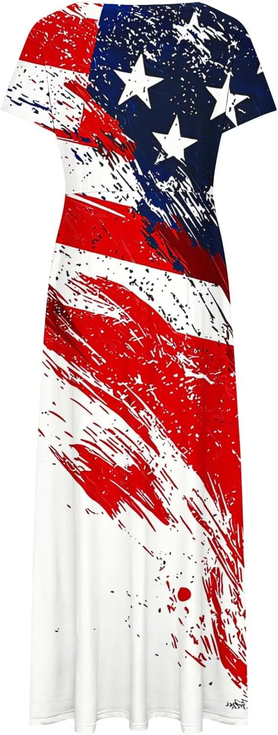 Womens American Flag Summer Maxi Dresses Short Sleeve Crewneck Dress Vacation Resort Outfits 2025