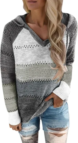 Women's Blouse Knitted Sweatshirts V Neck Hooded Pullover Casual Fashion Patchwork Knit Loose Sweater Tops