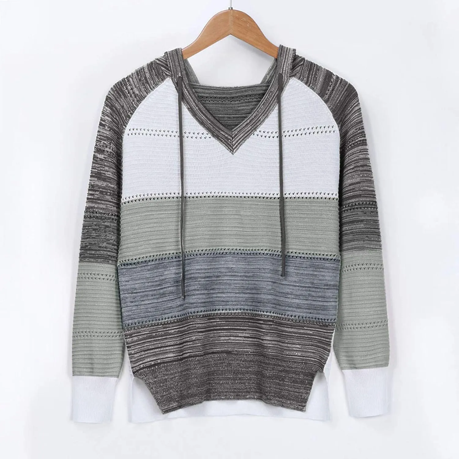 Women's Blouse Knitted Sweatshirts V Neck Hooded Pullover Casual Fashion Patchwork Knit Loose Sweater Tops
