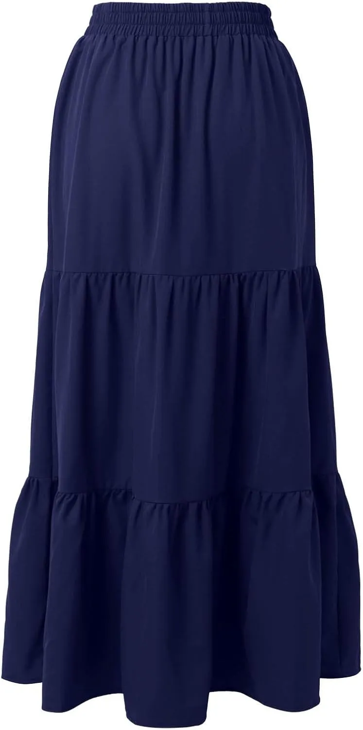 Women's Boho Elastic High Waist Pleated Dress A-Line Flowy Ruffle Tiered Swing Dress Beach Long Skirts with Pockets