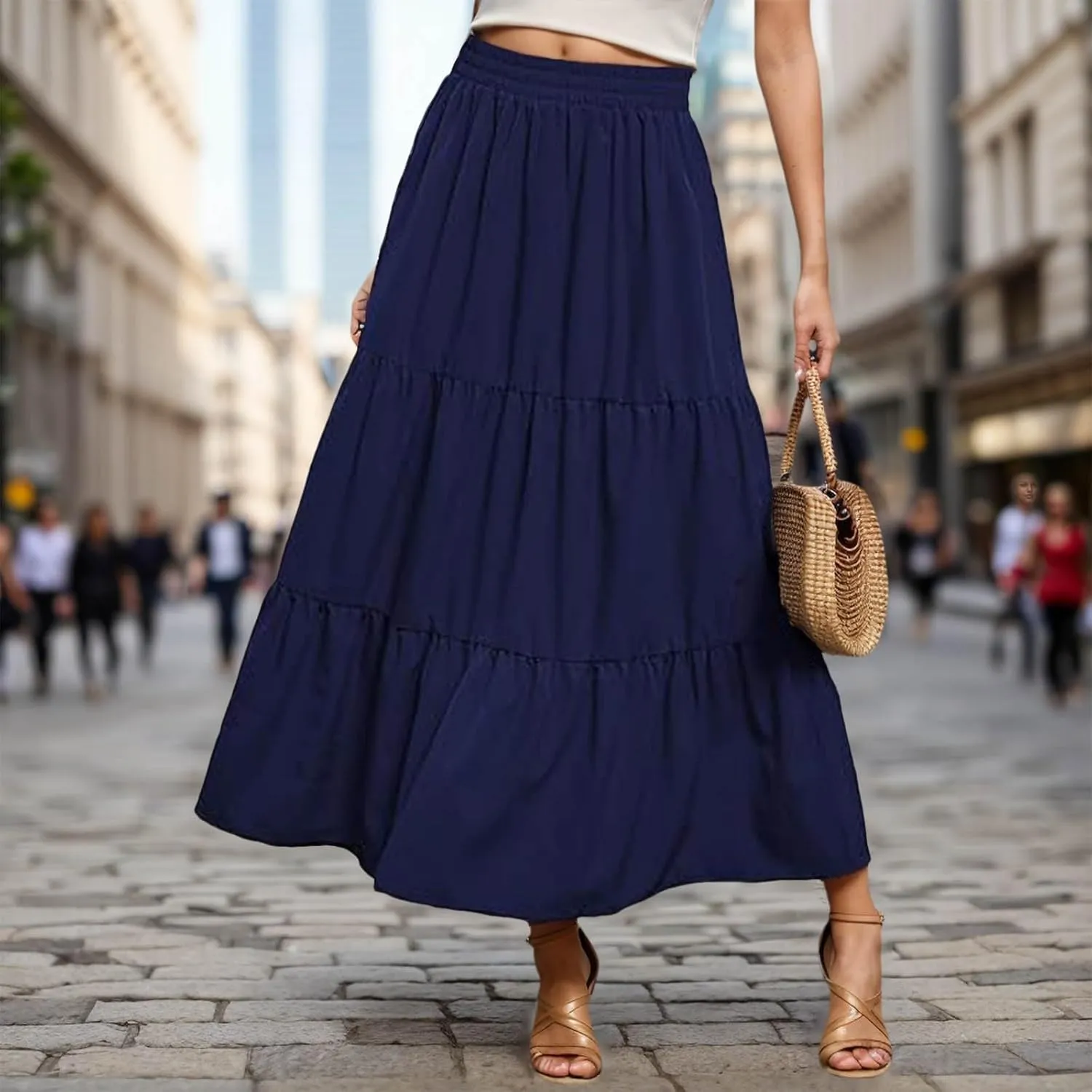 Women's Boho Elastic High Waist Pleated Dress A-Line Flowy Ruffle Tiered Swing Dress Beach Long Skirts with Pockets