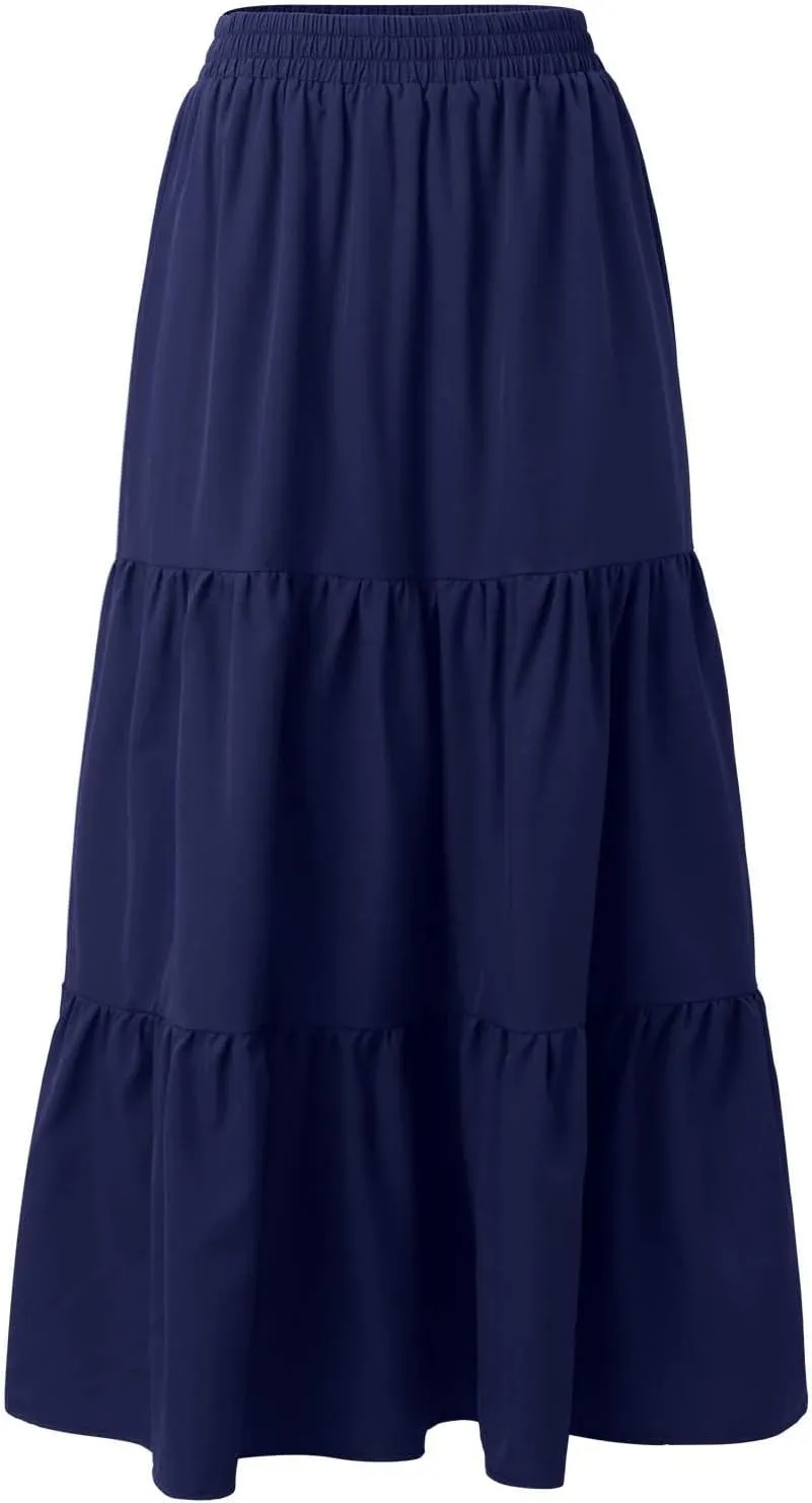 Women's Boho Elastic High Waist Pleated Dress A-Line Flowy Ruffle Tiered Swing Dress Beach Long Skirts with Pockets
