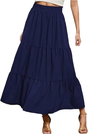 Women's Boho Elastic High Waist Pleated Dress A-Line Flowy Ruffle Tiered Swing Dress Beach Long Skirts with Pockets