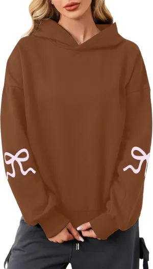 Women's Bow Trim Print Oversized Crewneck Sweatshirt Cute Graphic Sweatshirts Long Sleeve Pullover Y2k Tops