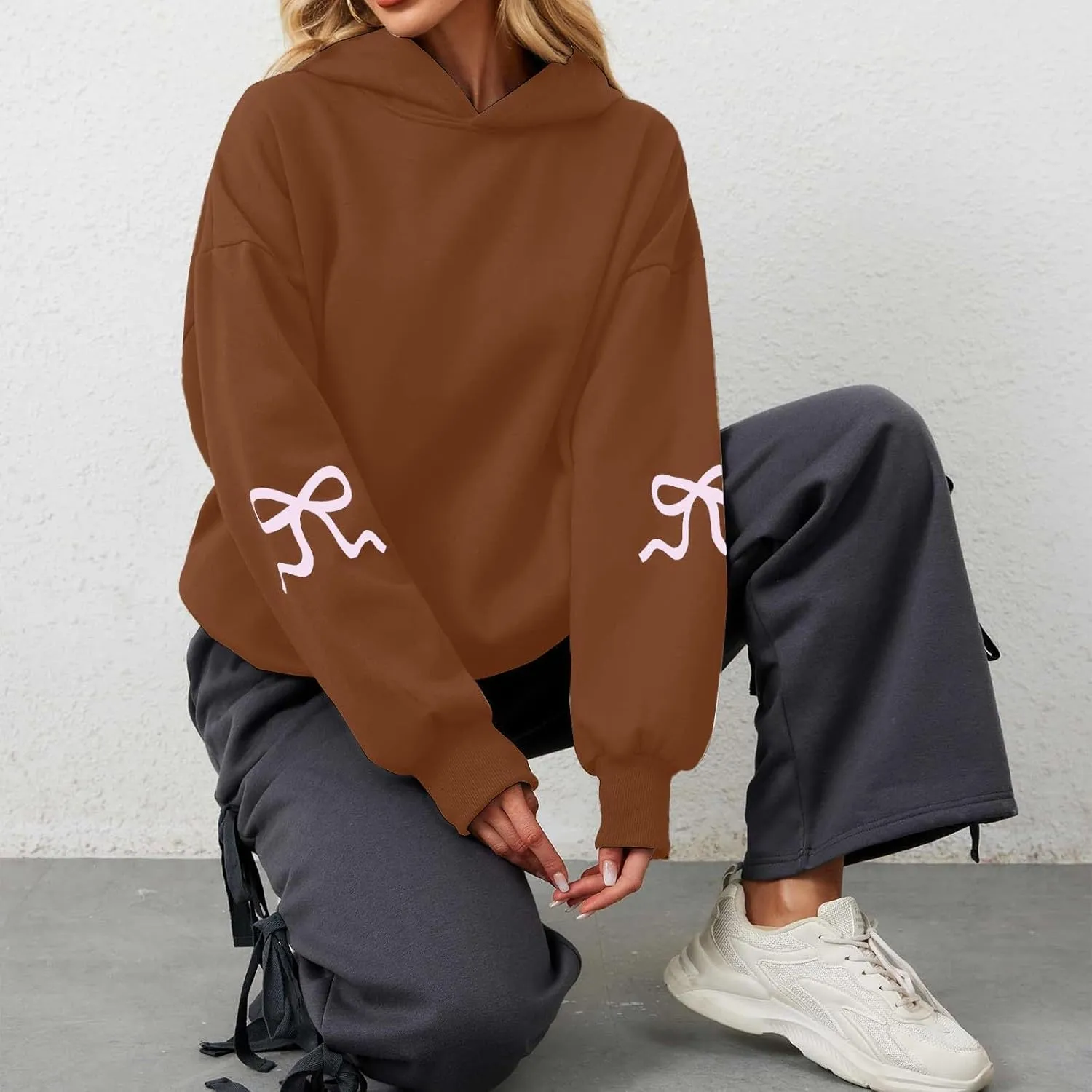 Women's Bow Trim Print Oversized Crewneck Sweatshirt Cute Graphic Sweatshirts Long Sleeve Pullover Y2k Tops