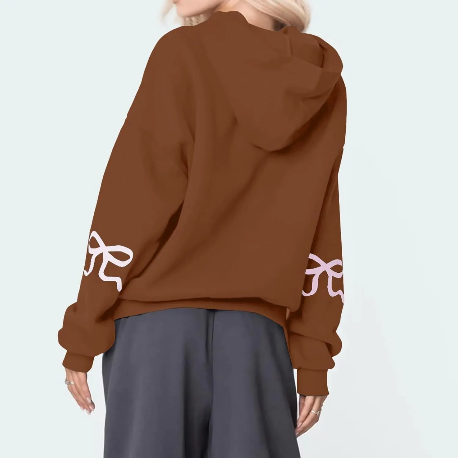 Women's Bow Trim Print Oversized Crewneck Sweatshirt Cute Graphic Sweatshirts Long Sleeve Pullover Y2k Tops