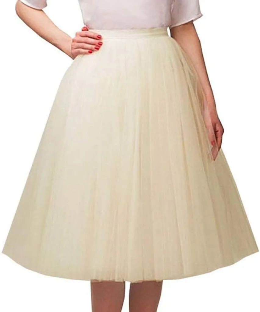 Womens Casual High Waisted Skirts Fashion Solid Versatile A Line Fairy Skirt Prom Party Knee Length Skirt Tutu Skirt