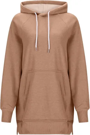 Women's Casual Long Hoodies Oversized Thick Fleece Hooded Sweatshirt Pullover Side Split High Low Hem Tops