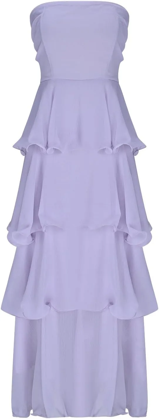 Women's Casual Off Shoulder Maxi Dress Strapless Sleeveless Tiered Layered Tube Sundress Beach Party Long Dresses
