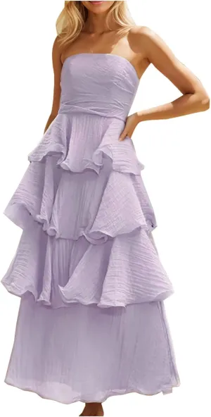 Women's Casual Off Shoulder Maxi Dress Strapless Sleeveless Tiered Layered Tube Sundress Beach Party Long Dresses