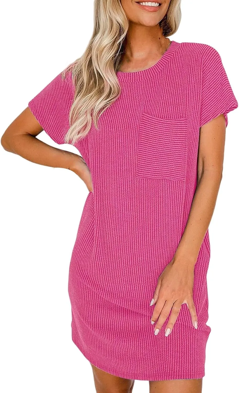 Womens Casual Summer Dresses Mini Dress Crewneck Short Sleeve Striped Textured Ribbed Tshirt Shift Dress Business