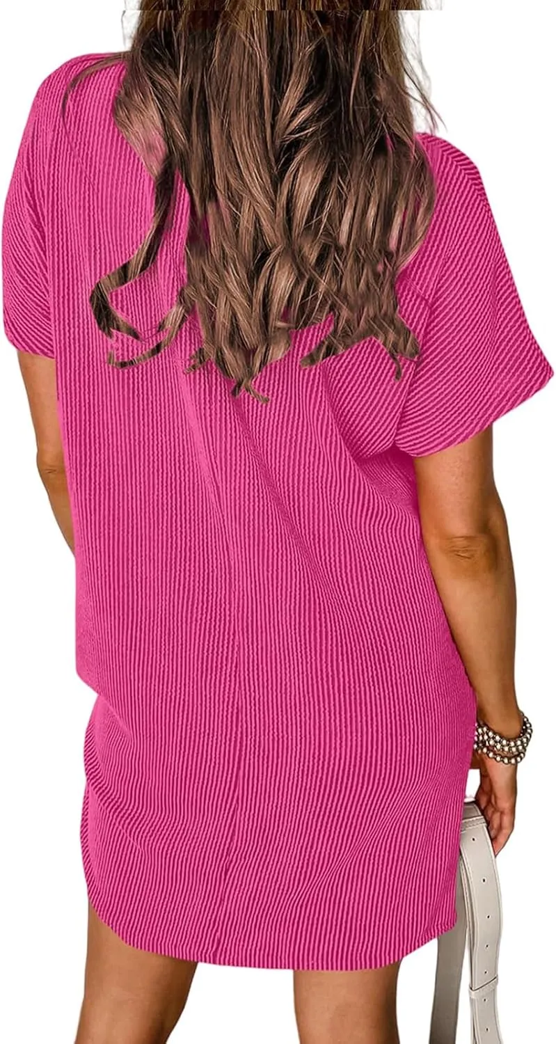 Womens Casual Summer Dresses Mini Dress Crewneck Short Sleeve Striped Textured Ribbed Tshirt Shift Dress Business