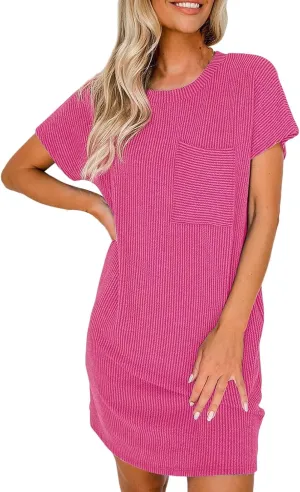 Womens Casual Summer Dresses Mini Dress Crewneck Short Sleeve Striped Textured Ribbed Tshirt Shift Dress Business